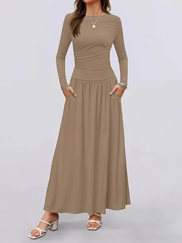 Robe Maxi à manches longues pour femmes, coupe confortable, détails froncés, multicolore, pour un usage quotidien décontracté, nouvel arrivage d'automne
