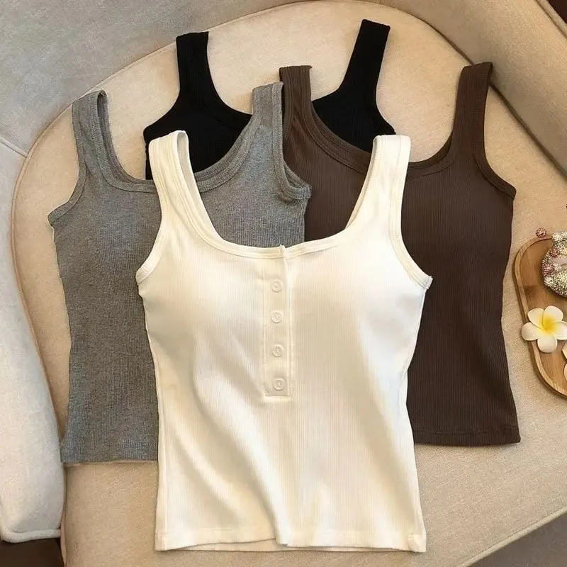 1Pcs Women's Ribbed Henley Tank Top Square Neck Button Front Built-in Bra Sleeveless Camisole