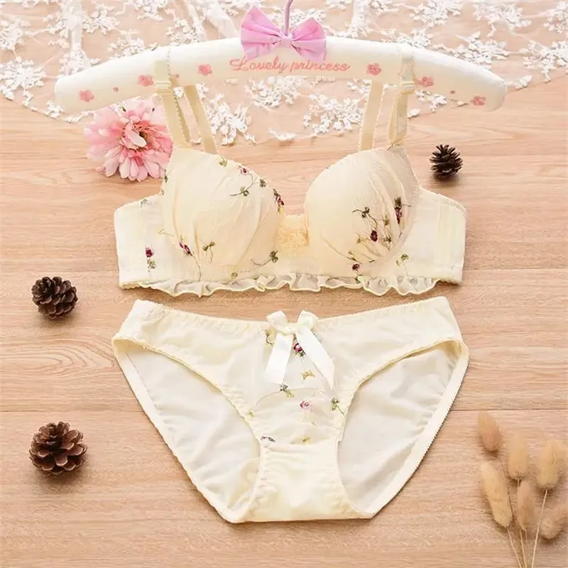 Women Floral Embroidery 2‑Pieces Lingerie Set Underwire Push‑Up Bra With Ruffle Trim Bow Decor Matching Panties Intimates — image 5