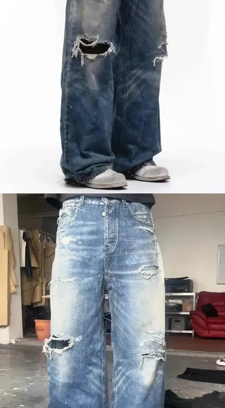 Unisex Jeans 2026 Spring Autumn Men's American Hollow Out Washed Retro Jeans Loose Wide Leg Straight Pants Hole Ripped Trousers — image 8