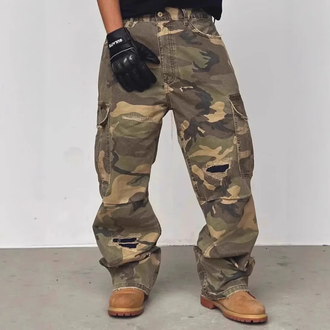 American Street Style Washed Camouflage Workwear Jeans Hole Straight Leg Spring Autumn Casual Cotton Trendy Long Pants — image 2