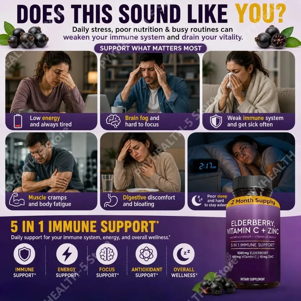 Capsule di sambuco con vitamina C zinco D3 Zenzero Sambucus Miscela di erbe di sambuco nero Supporto quotidiano per il benessere degli adulti — image 2