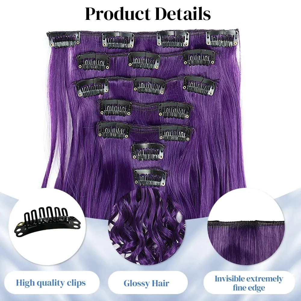 Synthetic Clip in Hair Extensions Purple hairpieces 7pcs/set 22inch Thick Hair for Women Girls Daily Party Cosplay — image 4