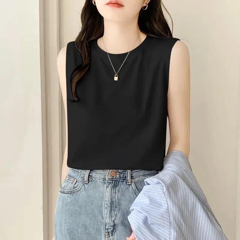 Simple Cotton Sleeveless Tank Top for Women—Classic Loose-Fitting Casual Base Layer Summer Round-Neck Base Layer T-Shirt Brea