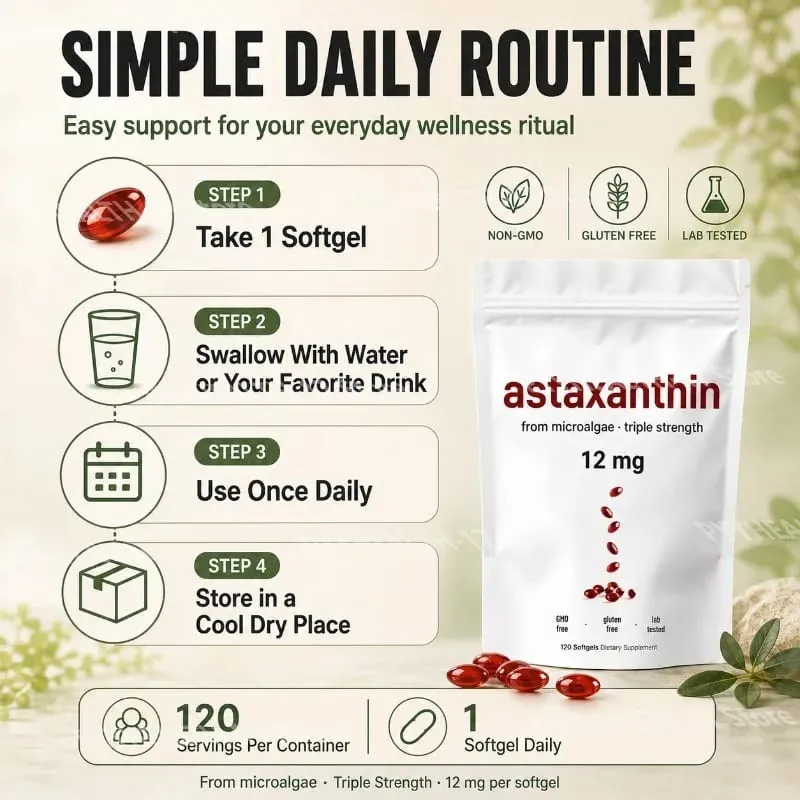 Astaxanthin 12 Mg Gelatin Softgels From Microalgae Antioxidant Support Gluten Free GMO Free Easy To Swallow 120 Softgels — image 5