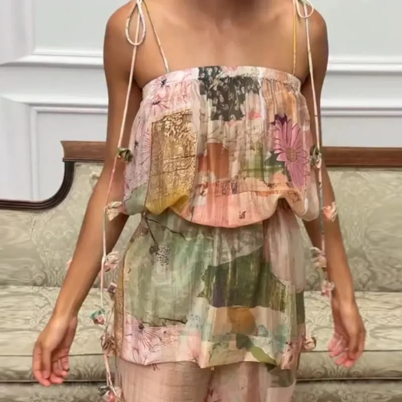 Vintage Women's Printed Beaded Sling Long Dresses Set Lace Up Slit Sleeveless Pleated A-line Dress 2026 Lady Beach Vestidoes — image 5