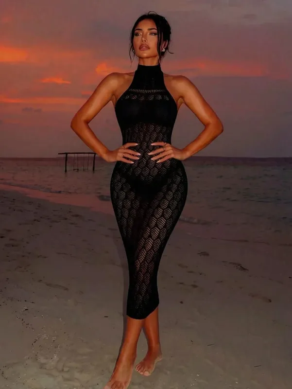 Women Bodycon Dress Without Underwear Hollow Out Beachwear Sheer Mesh Fishnet See Through Music festival Swimsuit