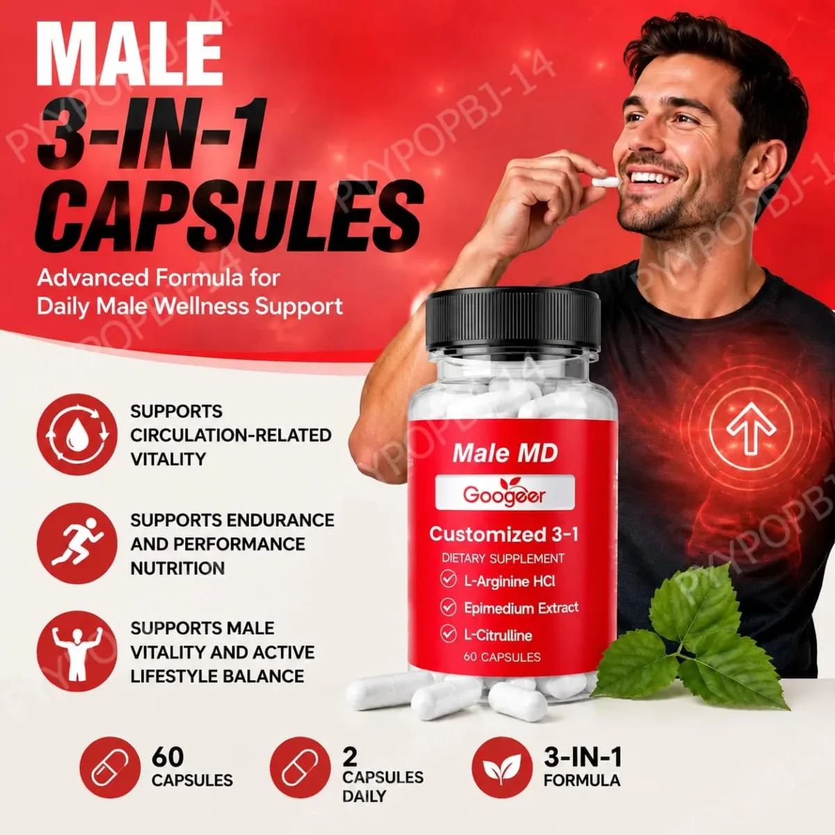 Googeer Male MD 3-in-1 Capsules with L-Arginine HCl and L-Citrulline and Epimedium Extract for Circulation Support 60 Capsules — image 2
