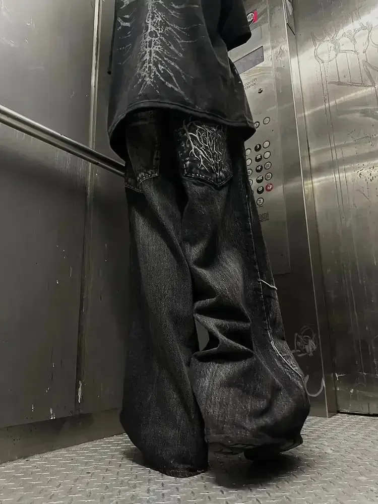 Vintage Y2K Baggy Jeans Splicing embroidery Pattern high quality jeans Hip Hop Gothic Streetwear men women Casual wide leg jeans