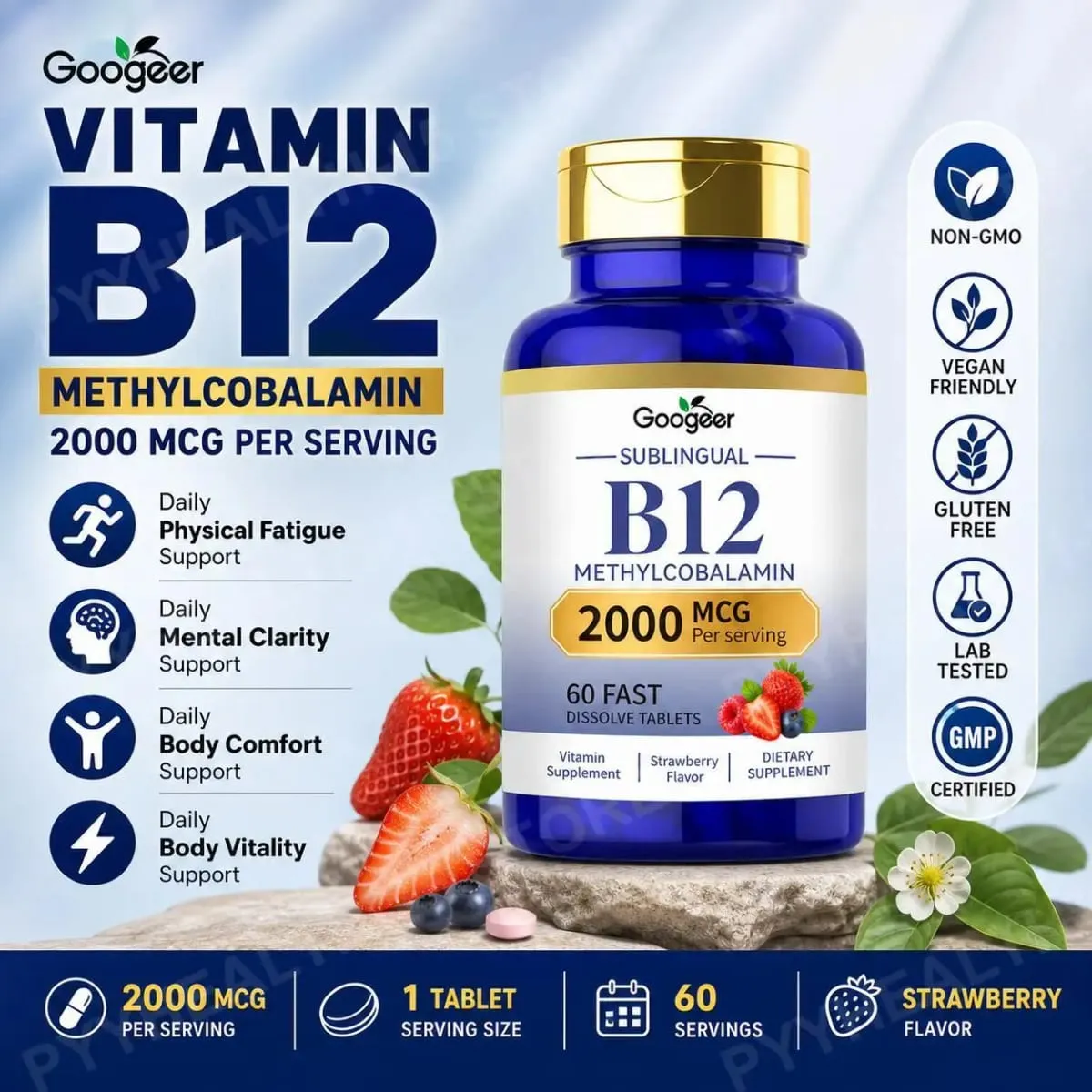 Googeer B12 Methylcobalamin Sublingual Fast Dissolve Tablets with Strawberry Flavor for Daily Body Comfort Support 60 Tablets — image 2