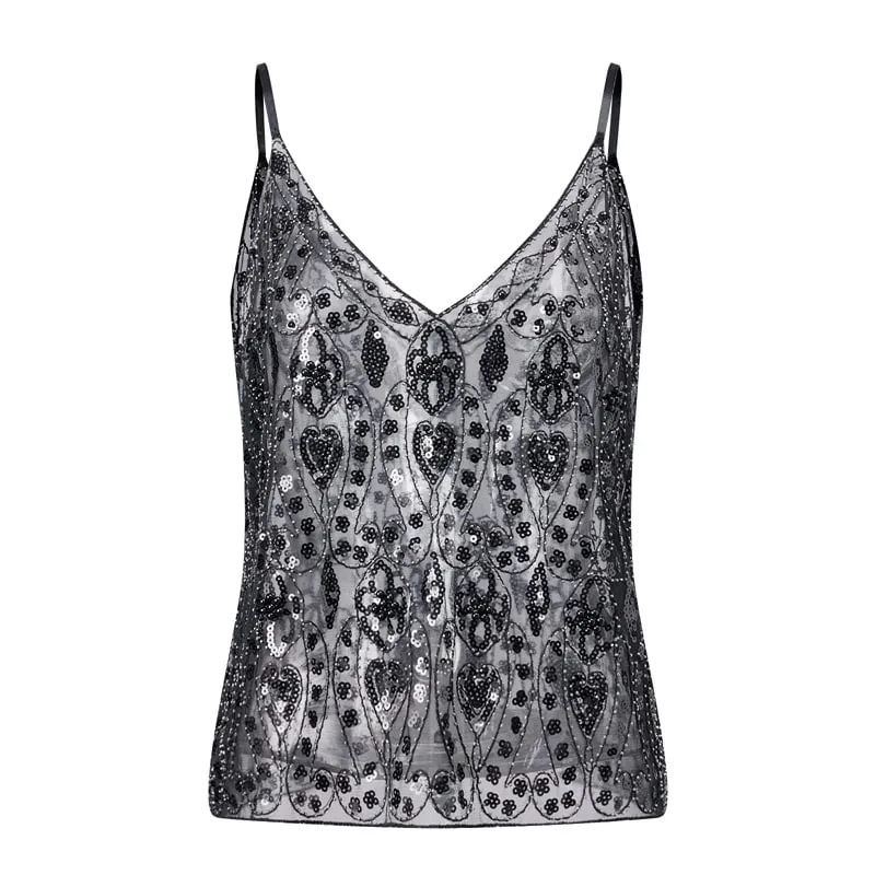 Floral Geometric Sparkly Tank Tops Women Sheer Mesh Sequin Camis V Neck Spaghetti Strap Y2K Club Night Out Festival Party Vest
