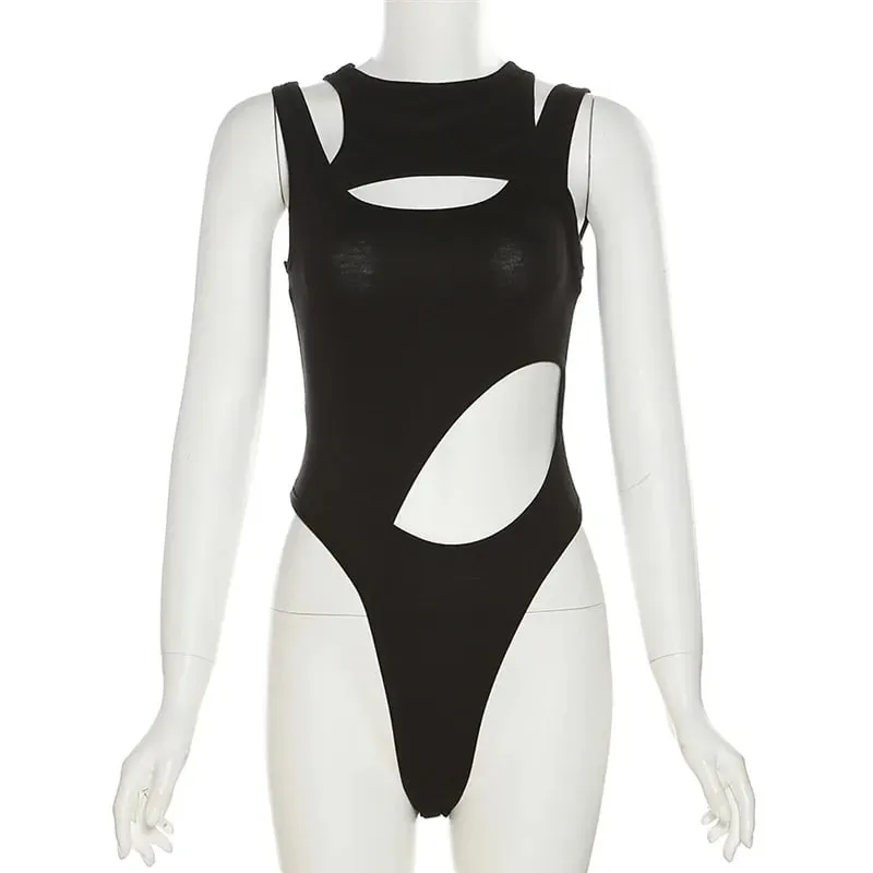 SylCue Irregular Hollow Design Bodysuit Woman 2026 Spring New Style o-Neck Sleeveless Skinny Stretch Street Sexy Fashion Bodycon