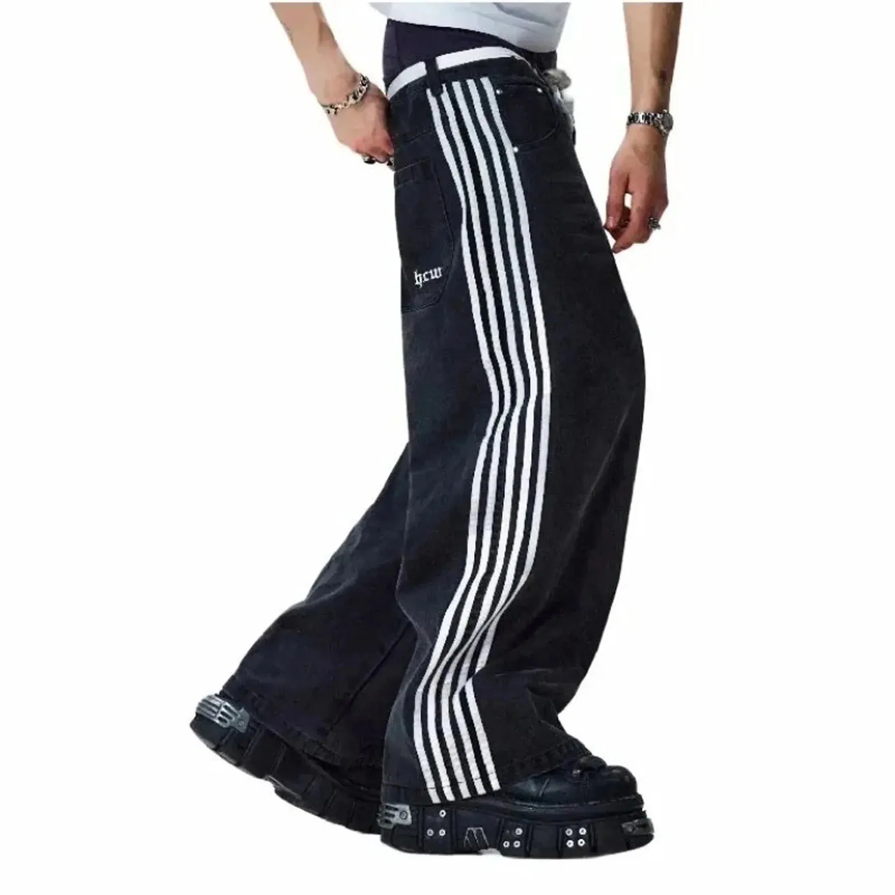 Y2K Striped Baggy Jeans Unisex Wide Leg Denim Pants Hip Hop Streetwear Casual High Quality Embroidered Jeans For Men Women — image 3