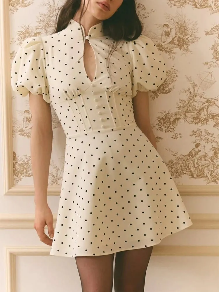 Retro Polka Dot Mini A-line Dress Women Elegant Stand Collar Puff Short Sleeve Waist-cinching Dresses Lady Party Robe 2026 New — image 5