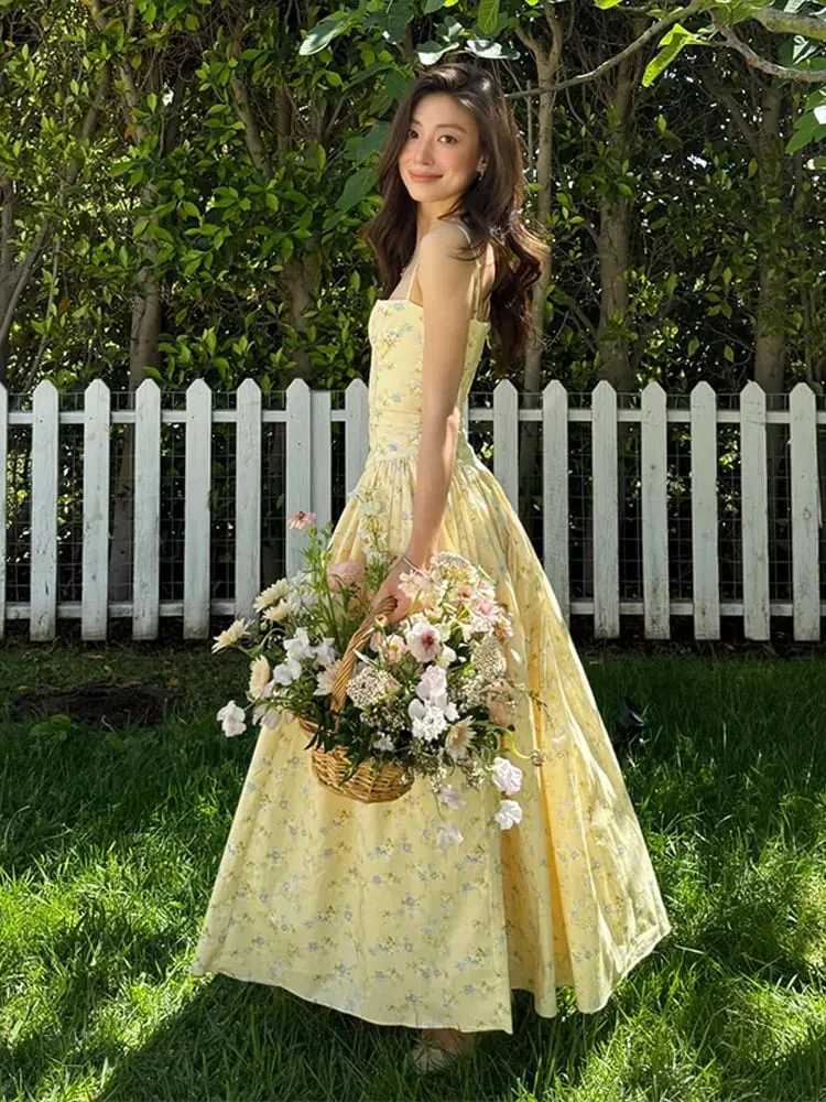 Floral Print Spaghetti Strap Maxi Dress Square Neck Corset Waist A-Line Elegant Dresses Casual 2026 Summer Vacation Chic Outfit — image 3
