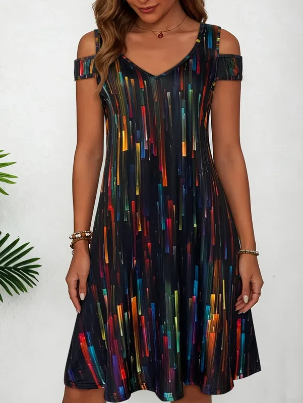 Women's Black White Wavy Stripe Print Cold Shoulder Midi Dress Summer Casual V Neck Short Sleeve A Line Flowy Sundress — image 5
