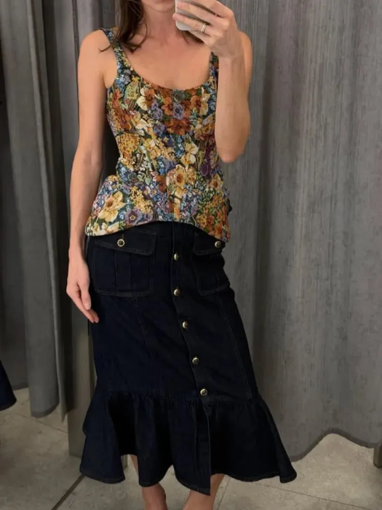 Vintage Floral Off-shoulder Corset Cami Top Women Square Neck Peplum Sleeveless Slim Fit Tank Blouse New Summer Vacation Outfits — image 3