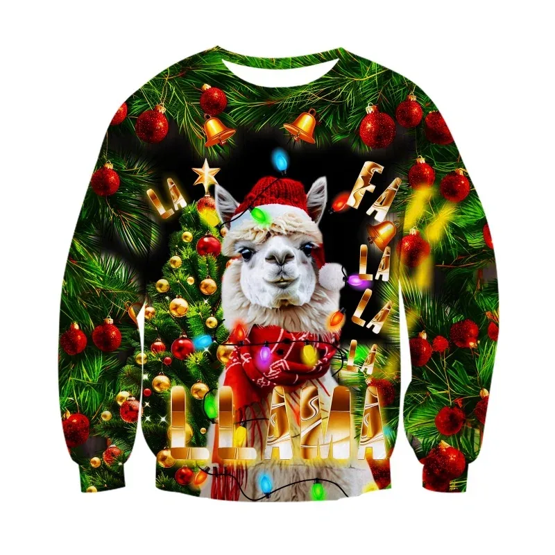 3D Printed Christmas Decoration Sweatshirt For Men Women Alpaca Dog Pattern Pullovers Casual Loose Round Neck Long Sleeve Hoodie — image 3