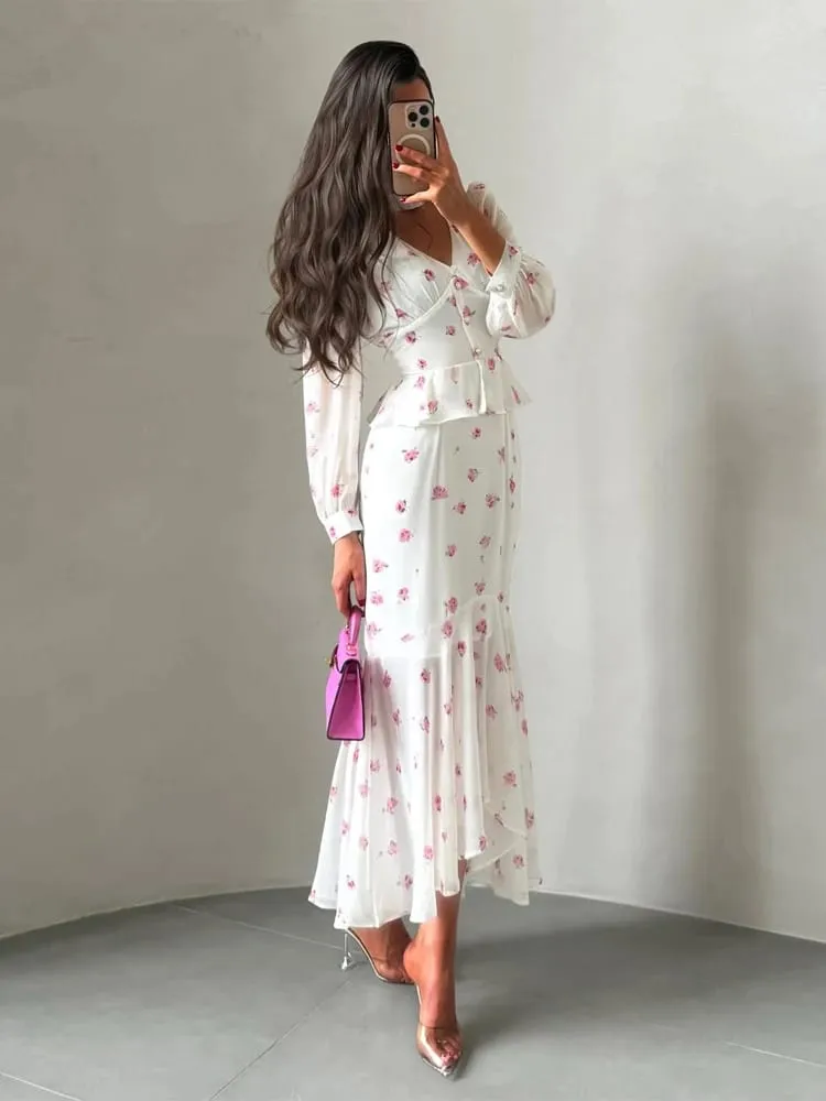 Women Elegant Printed V-neck Dress Chic Lapel Waist Cinched Pleated High Waisted Dresses 2026 Summer New Lady Vacation Gowns — image 5