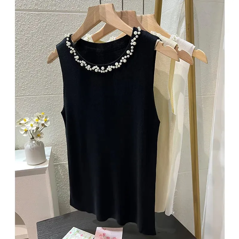 White Women Camisole 2026 New Summer Slim Thin Ice Silk Knit Vest Trendy Beaded Decor O-Neck Sleeveless Tank Top — image 11