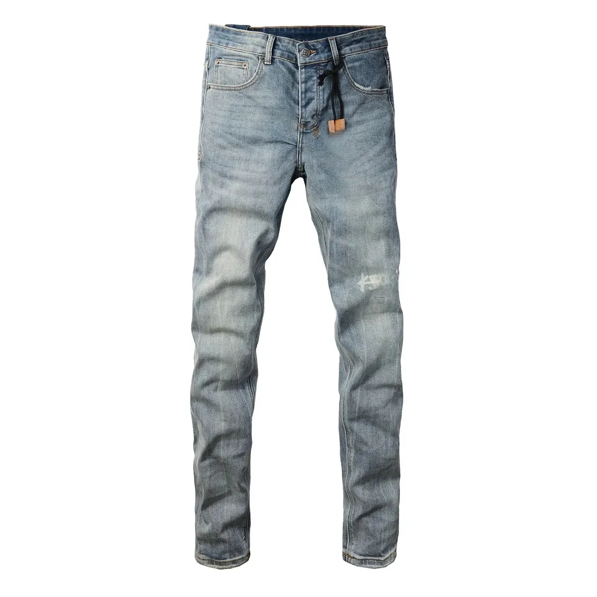 Men's High Street Light Blue Washed Distressed Denim Jeans With Embroidered Letter Motif Button Fly Suitable For All‑Season Wear — image 9