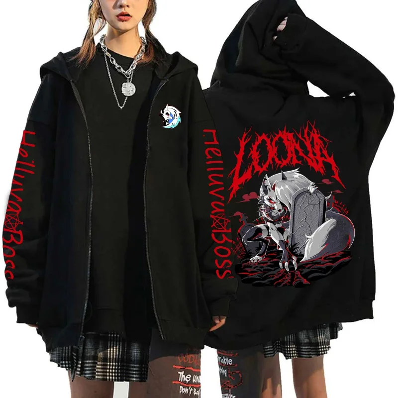 Helluva Boss Print Hooded Zipper Men Women Casual Fashion Fall Winter Warm Vintage Long Sleeve Tops Fleece Zip-Up Sweatshirts — image 3