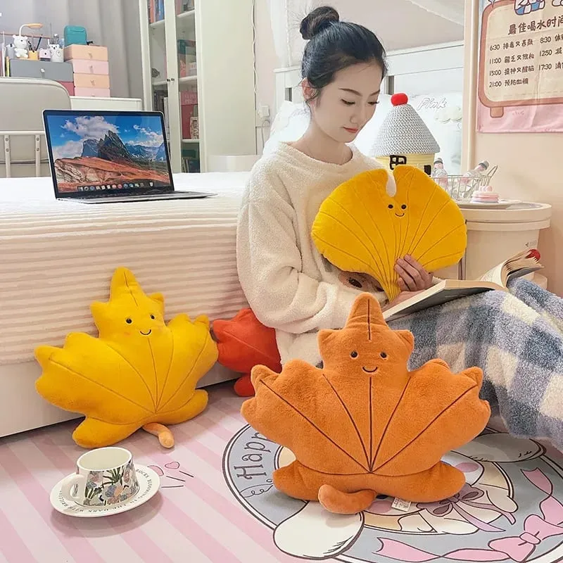 Smiling Face Maple Ginkgo Leaf Plush Pillow Stuffed Kawaii Plant Cushion Sofa Chair Decoration Gift