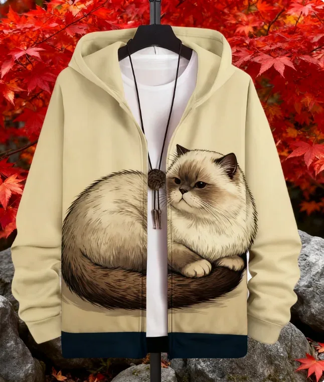 Hot Animal Cat Sweatshirt Zipper Hoodies 3D Printing Man Tracksuit Zipper Lengan Panjang Fesyen Hoodie Pakaian Y2K Lelaki — image 9
