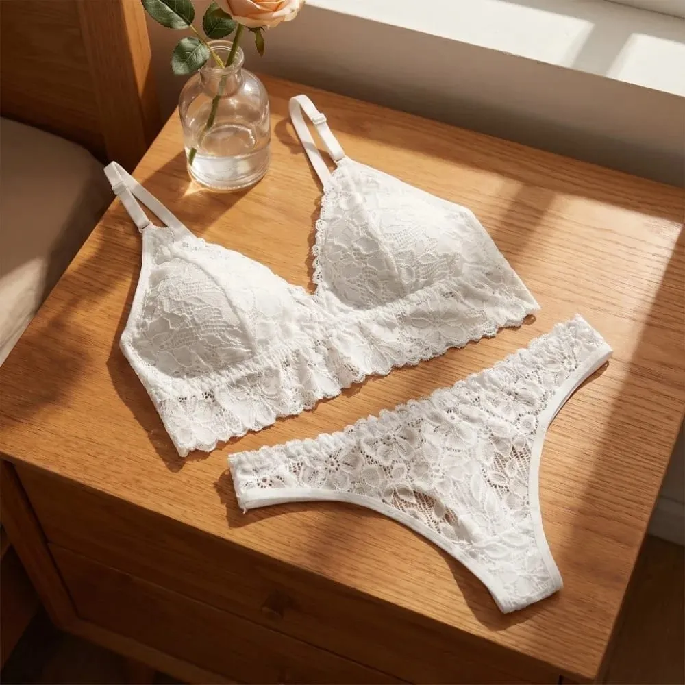 Underpants V Neck Lace Flower Bra Set Thong Solid Color Floral Panties Bra Kit T-Back Lingerie Lace Underwear Girls — image 4