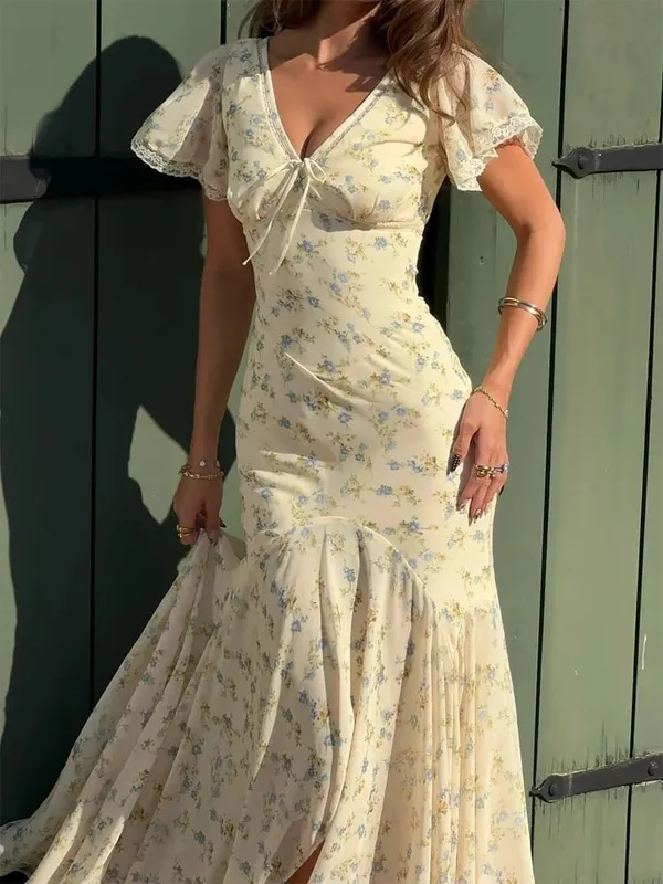 Chic Satin Lace Trim Midi Dress For Women Solid Patchwork Short Sleeve V-neck Summer Dresses 2026 Elegant Summer Holiday Gown — image 8