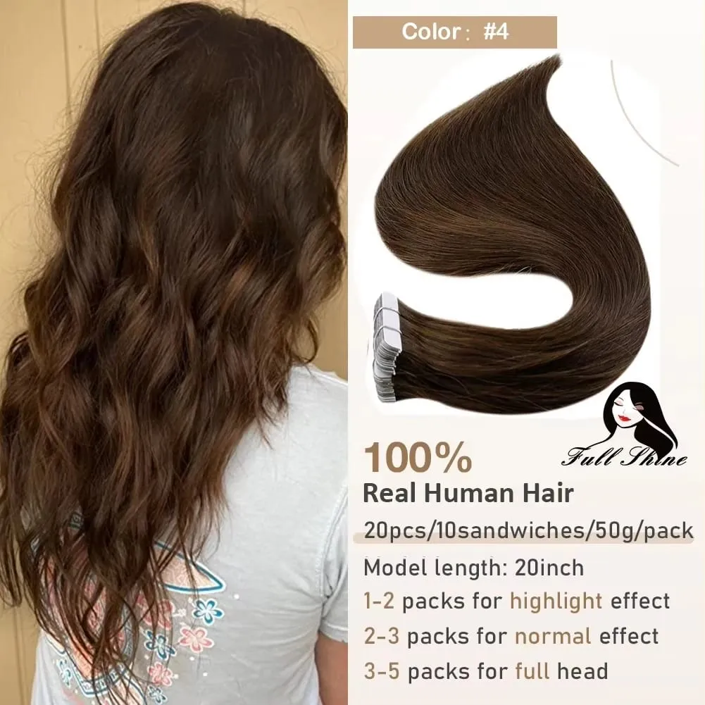 Full Shine Tape in Hair Extensions 20Pcs Skin Weft Remy Straight Hair Glue on Brazilian Hair for Women