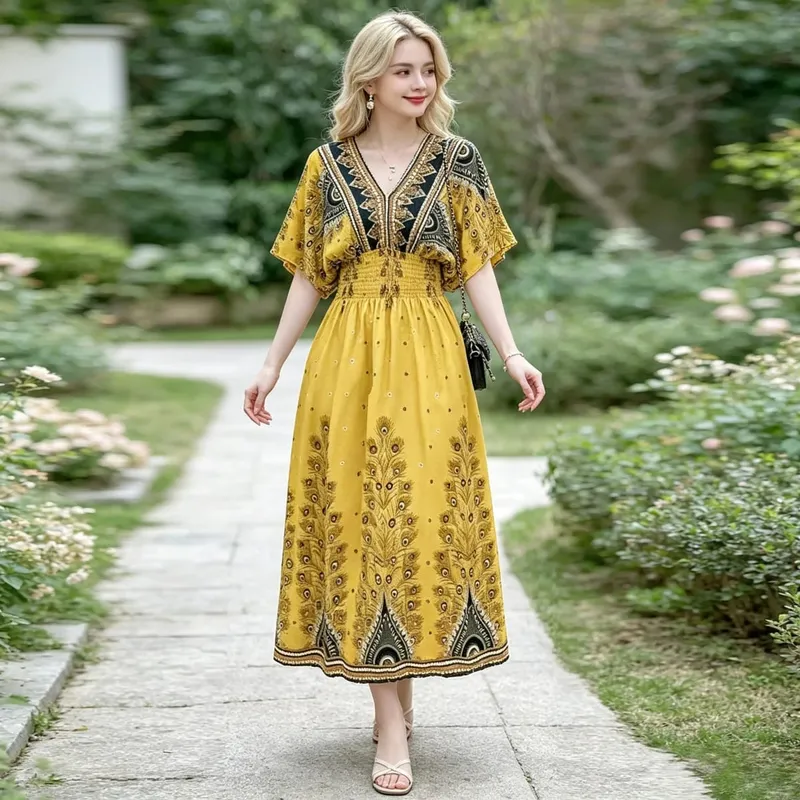 Boho Holiday Women V-Neck Batswing Short Sleeve A-Line Midi Dresses Slim Elastic Waist Casual Vintage Office Lady Elegance Dress — image 20