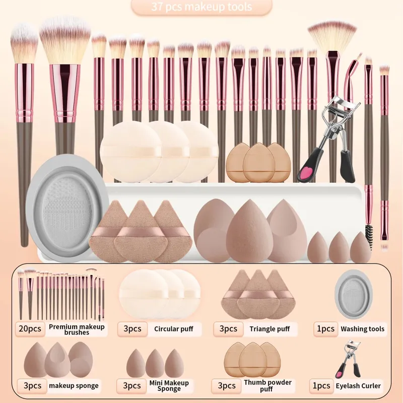 37PCS Makeup Tools Set 20 Brushes + Sponges Puffs Eyelash Curler Cleaning Tool for Full Face