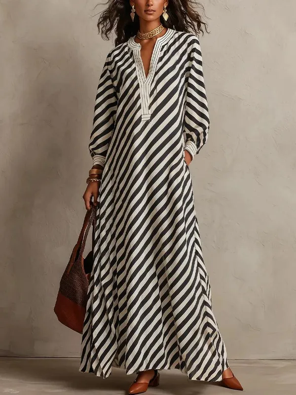 Fashion Stripe Print Maxi Dress 2026 Autumn Winter Women V‑Neck Long Sleeve Loose Casual Long Dresses Holiday Beach Boho Dress