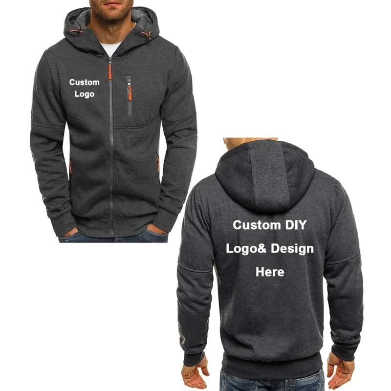 Men's hooded zipper jacket with pockets custom logo image text casual sports streetwear men's cardigan wool sweater fashion — image 6