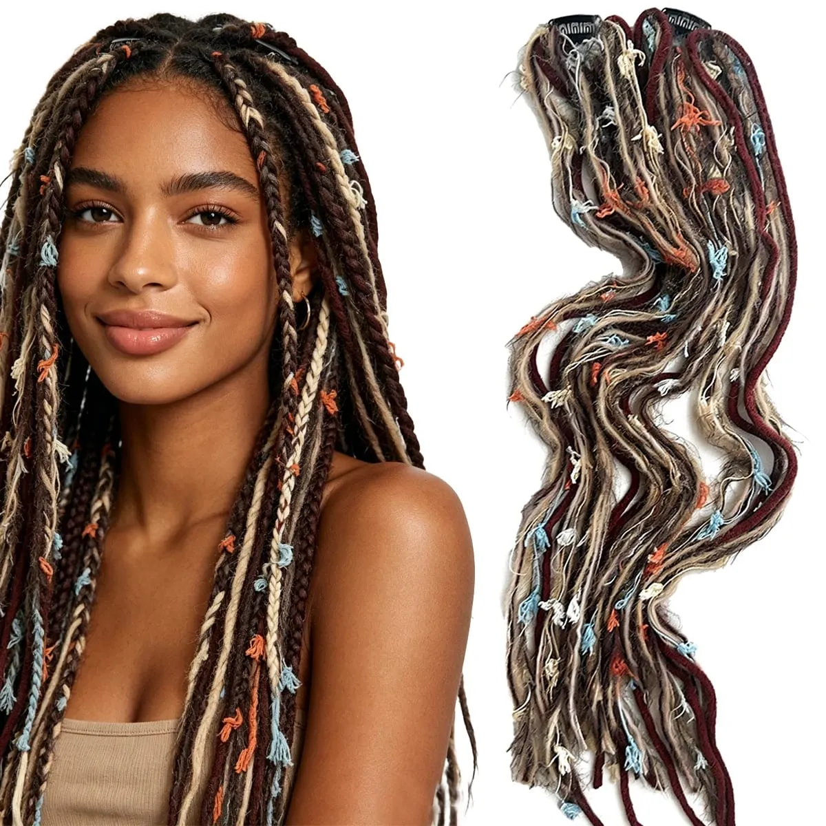 Synthetic 2Pcs Wool Yarn Dreadlock Clip Hair Extensions Maillard Long Boho Tassel Colored Vintage Braids Hair For Woman