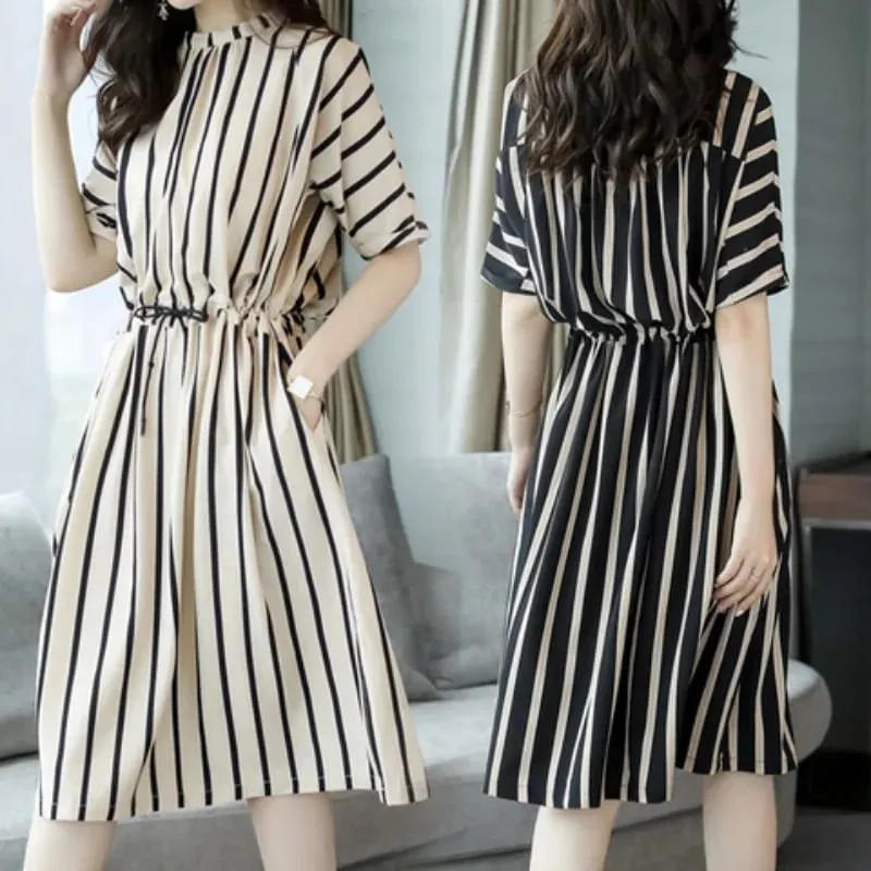 New Women Summer Vertical Stripe Print Dress Lady Waist-Fitting Mid-Length Dress Woman Loose Casual Dress Ladies Outdoor Casual — image 2