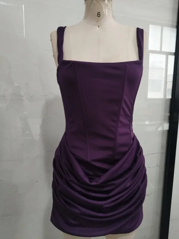 2026 Sexy Women Square-neck Halter Mini Dress Pleated Sleeveless Backless High Waist Bodycon Dresses New Summer Lady Party Robes — image 8