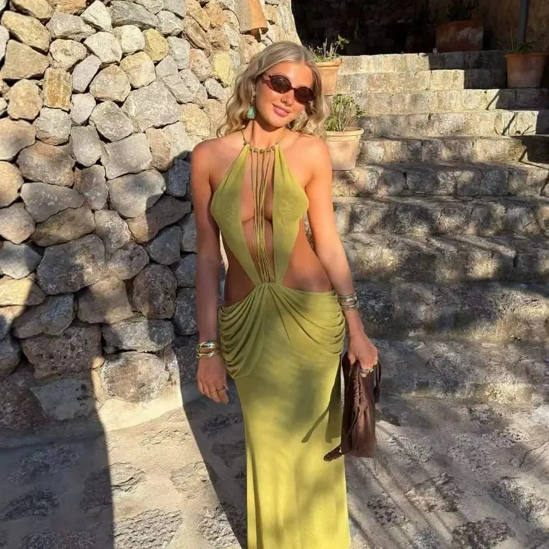 Sexy Deep V Metal Trim Spaghetti Strap Ruched Maxi Dress Cutout Crisscross Backless Slim Luxury Dresses Beach Vacation Evening — image 4