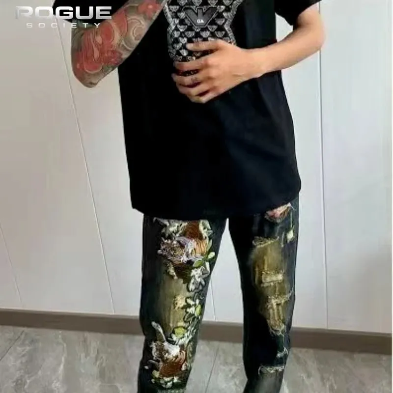 Y2K American High Street Embroidered Tiger Jeans Unisex Distressed Vintage Denim Trousers Streetwear Luxury Casual Harajuku New