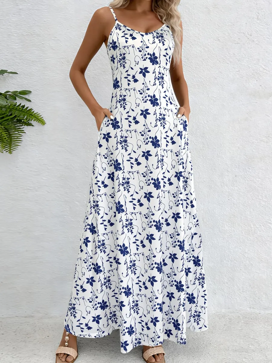 Women's Blue Floral Print Spaghetti Strap Maxi Dress Summer Casual Round Neck Flowy A-Line Sundress With Side Pockets — image 2