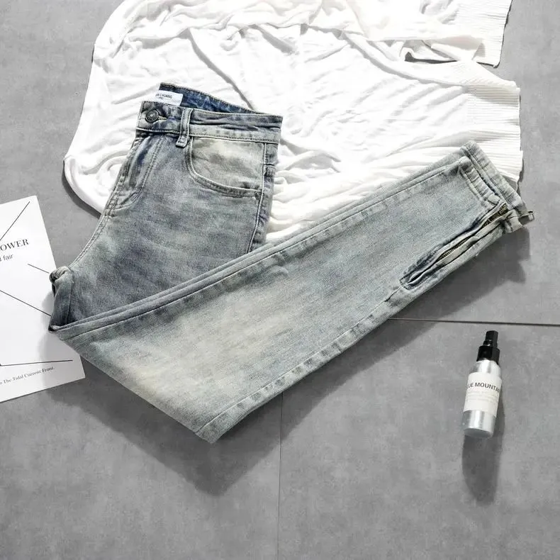 Cargo Old Retro Light-colored Trousers Zipper Jeans Men's New Trendy Elastic Slim-fitting Small-footed Trousers Denim Man Pants — image 5