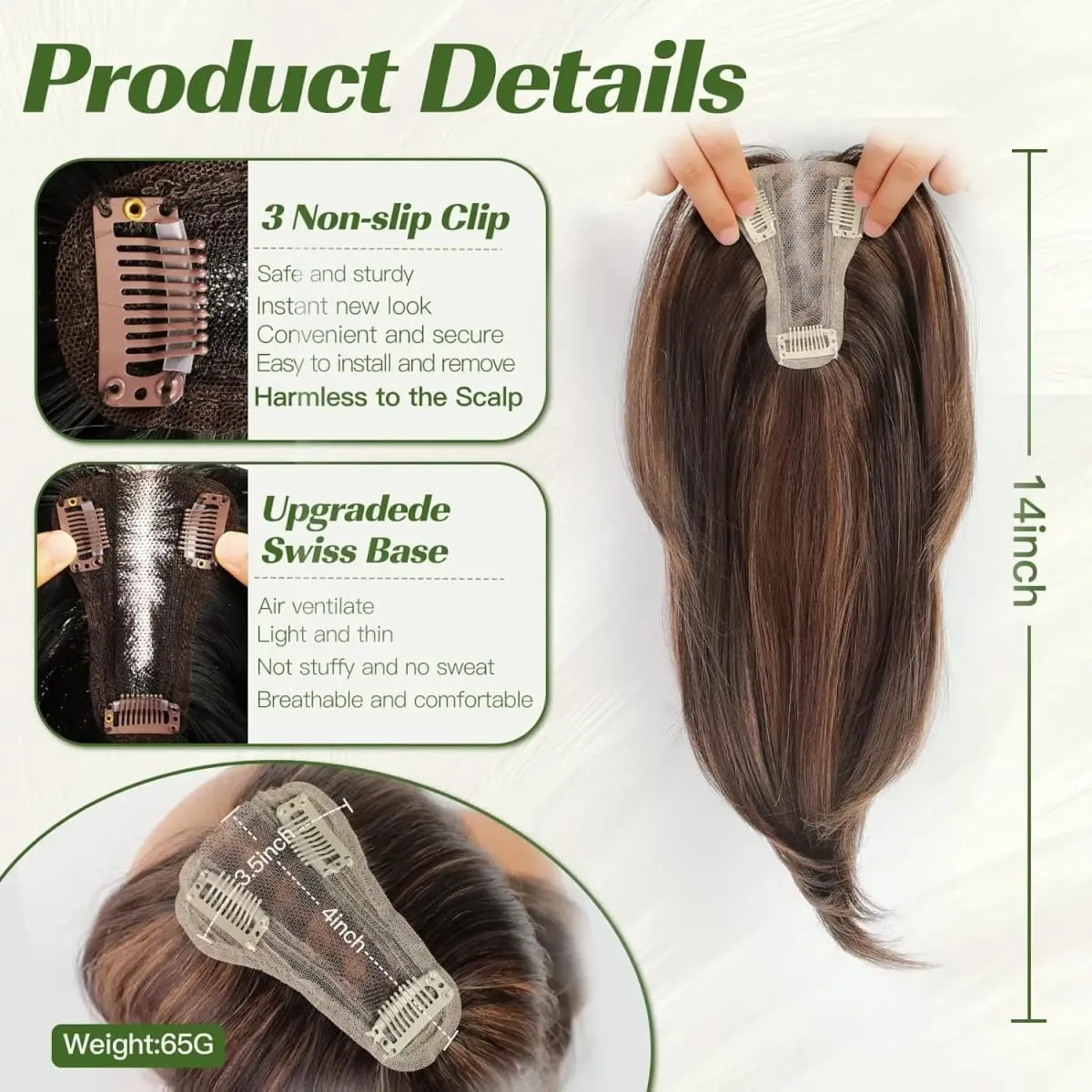 14 Inches Chestnut Brown With Blonde Layered Hair Topper with Bangs for Women Synthetic Swiss Base Hair Pieces Topper with Clips