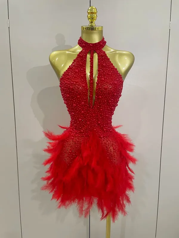 Women Luxury Rhinestones Pearls Feathers Halter Backless Short Dress Women Sexy Celebrate Birthday Dress Nightclub Stage Costume — image 9