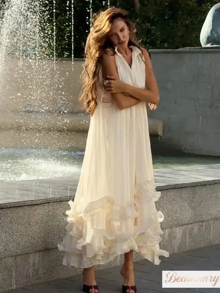 Solid Multi-layer Ruffled Maxi Dress Women's Elegant Sleeveless Off-shoulder High Waist Dresses 2026 Vacation Female Clothing