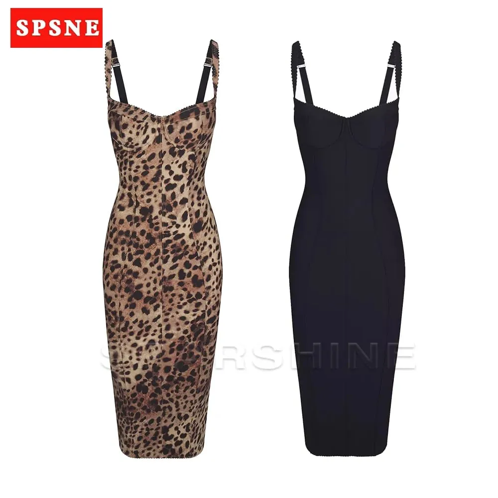 Sexy Leopard Print Dress Women's Sleeveless Fitted Stretch Bodycon Mid-Calf Dress Clubwear Evening Party Dresses — image 2
