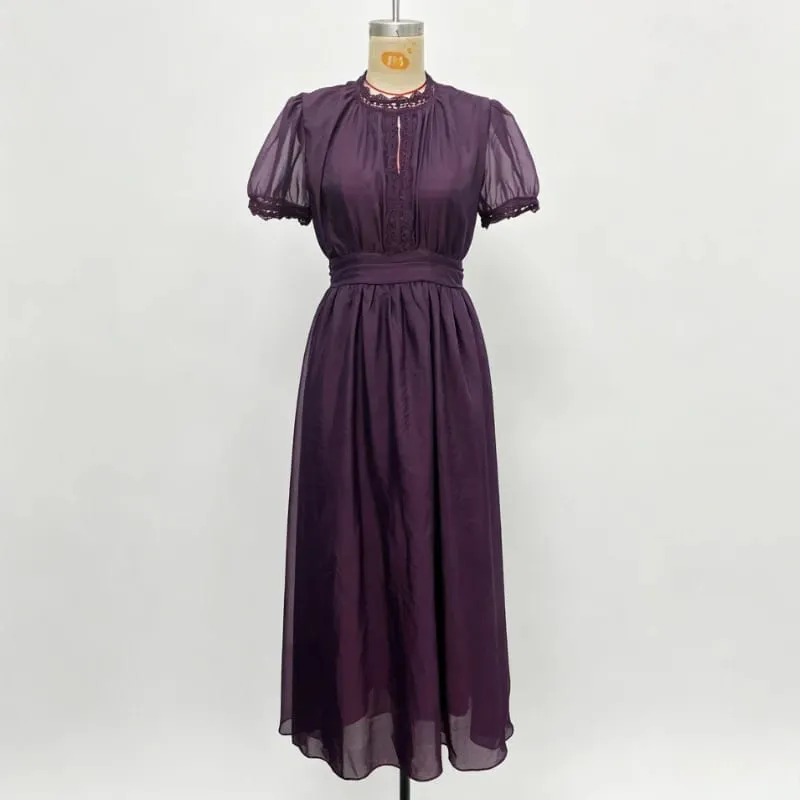 Elegant Chiffon Lace Trim Midi Dress Stand Collar Neck Puff Sleeve Cinched Waist Draped A Line Flowy Women's Casual Dresses — image 5