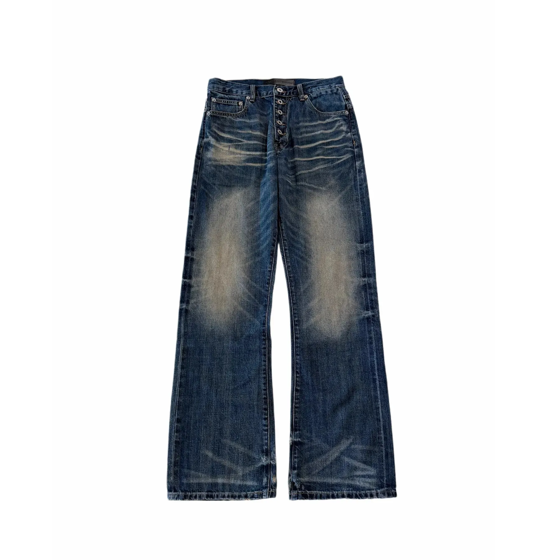 Button‑Fly Cat‑Whisker Pleated Indigo Selvedge Bootcut Jeans — image 7