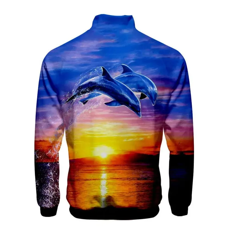 Harajuku Popular Novelty dolphin 3D Print Zipper Raglan Jacket Windbreaker Boys/Girls Comfortable Stand Collar Jackets Coats