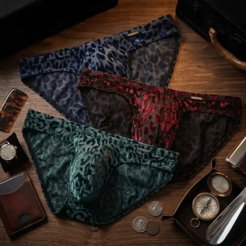 Comfortable Ice Silk Men Briefs Mesh Low Waist Sheer Underwear Convex Pouch Transparent Leopard Print Panties Date Night — image 3
